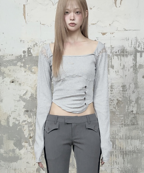 Bust Line Pintuck Detail Long Sleeve (Gray)