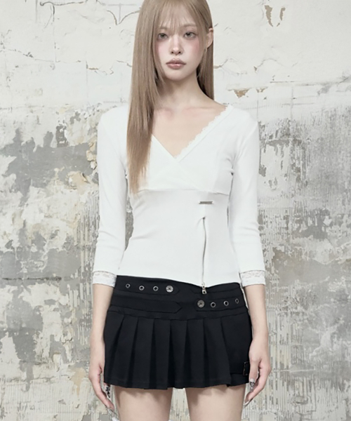 Lace Trim Button Wrap Long Sleeve (White)