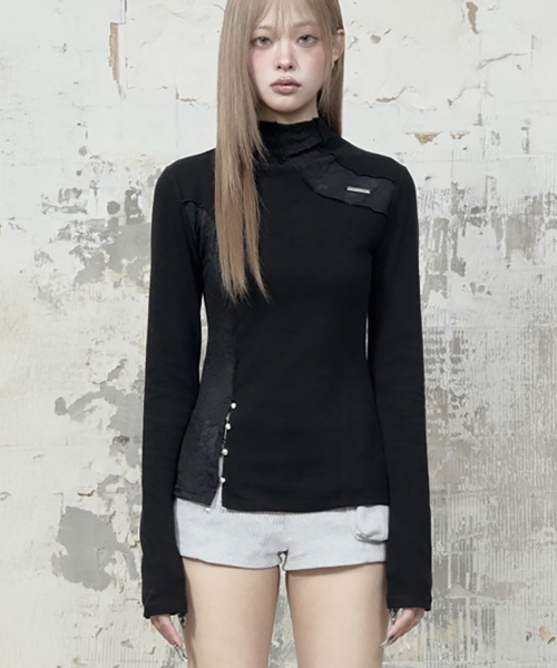 Lace Layer High Neck Slim Long Sleeve (Black)