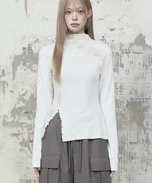 Lace Layer High Neck Slim Long Sleeve (White)