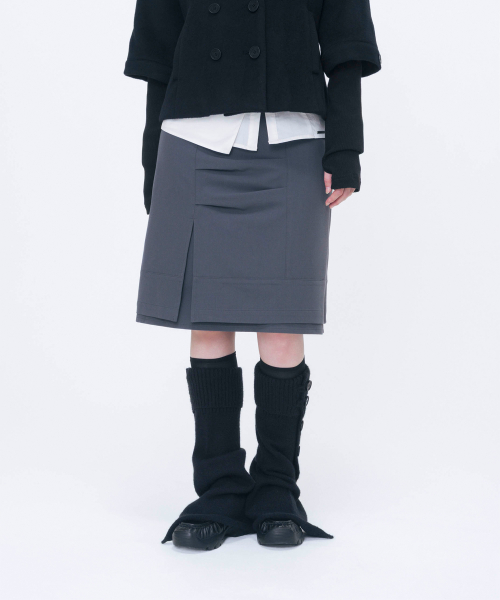 Layered panel pleats midi skirt CHARCOAL