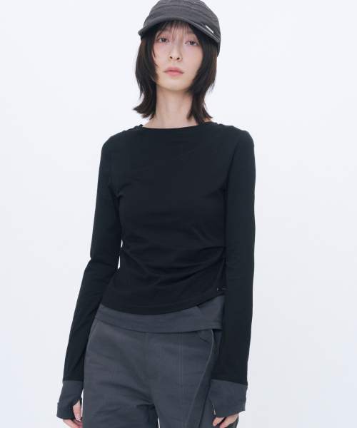 Asymmetric contrast long sleeve BLACK