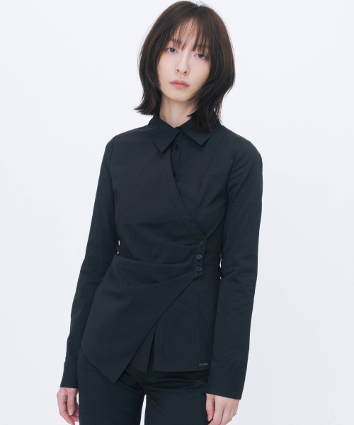 Wrap pleats button shirt BLACK