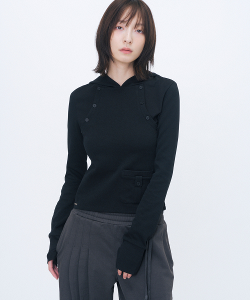 Double placket slim hoodie BLACK