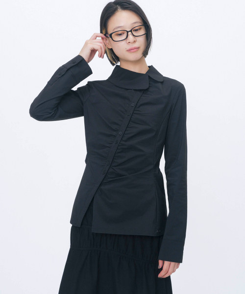 Asymmetric shirring button shirt BLACK