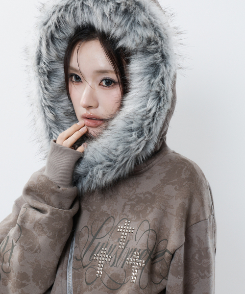 RL CROSS LETTERING FUR HOOD ZIP UP(BROWN)