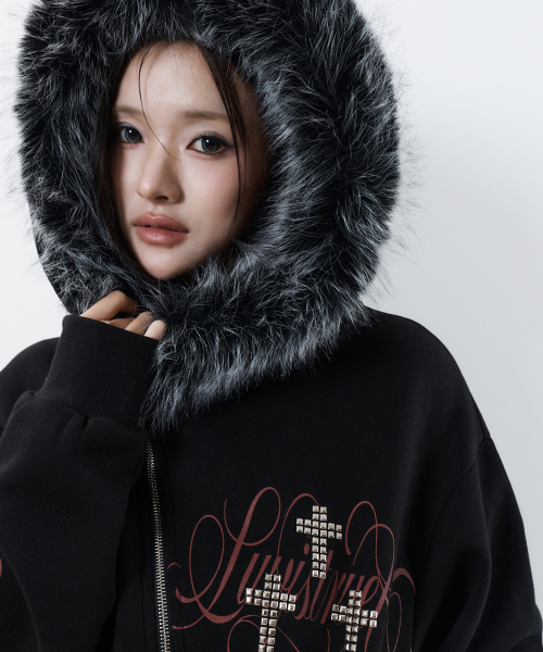RL CROSS LETTERING FUR HOOD ZIP UP(BLACK)