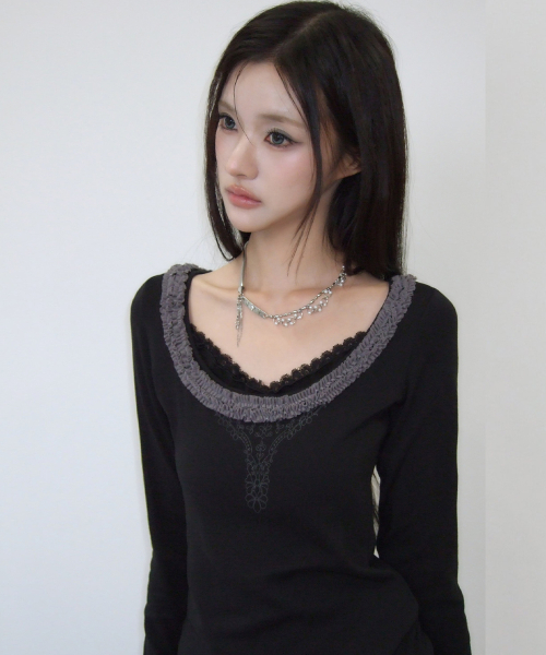 RL FRILL SLEEVE TEE(BLACK)