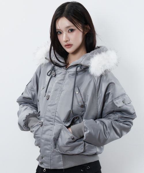 RL FUR TRIM PATCH BOMBER JACKET(GRAY)
