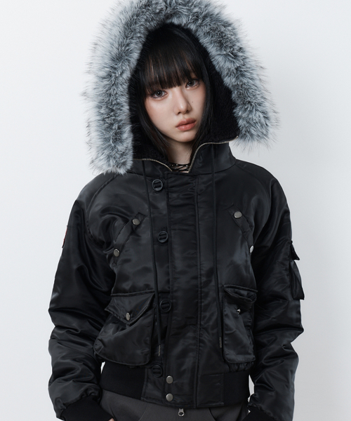 RL FUR TRIM PATCH BOMBER JACKET(BLACK)