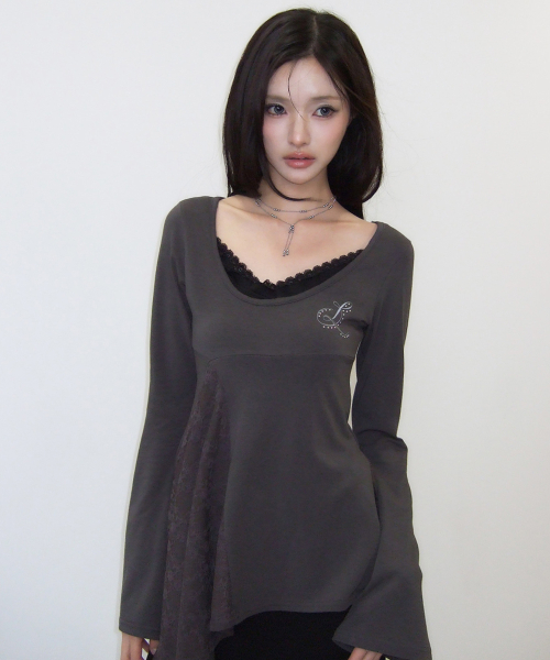RL LAYERED LACE TEE(CHARCOAL)