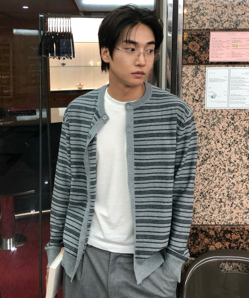 [COUTURE]Washable Stripe Round Semi-Overfit Cardigan - 2color