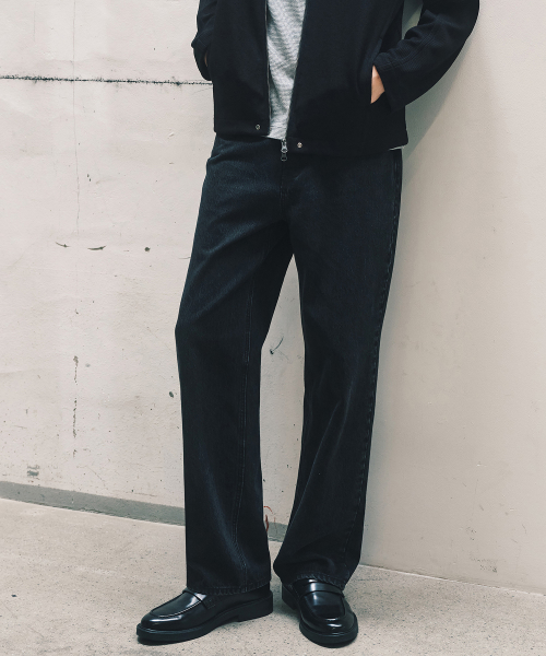 100 Cotton Wide Straight Black Raw-Neck Denim Pants