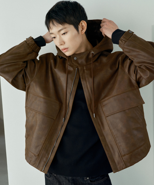 [COUTURE]Brown Leather Oversized Hooded Jumper