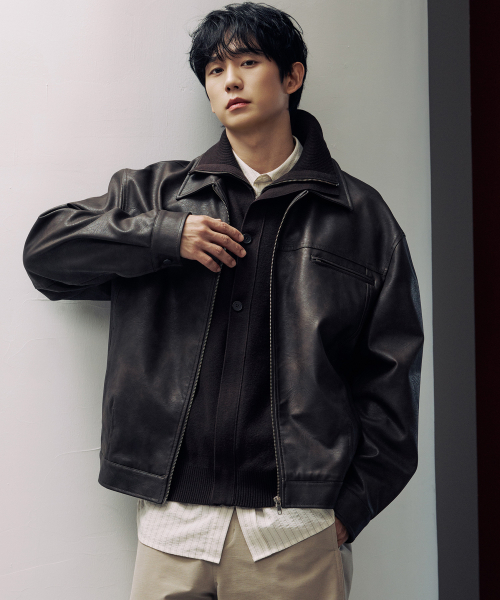 [COUTURE]Brown-washed leather zip-up semi-oversized trucker jacket