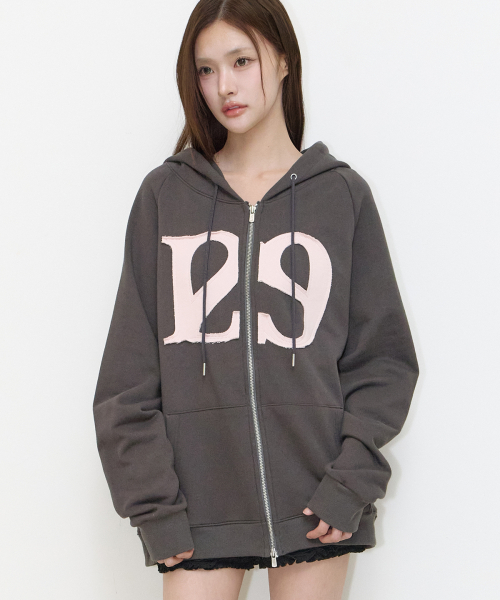 129 LOGO PATCH HOODIE ZIP-UP CHARCOAL