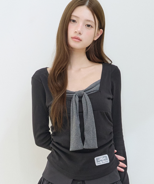 LAYERED RIBBON TIE LONG SLEEVE BLACK