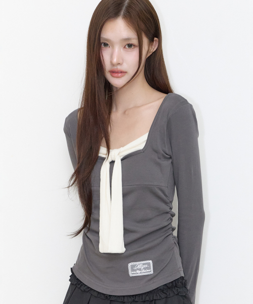 LAYERED RIBBON TIE LONG SLEEVE CHARCOAL