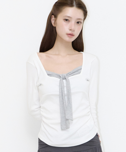 LAYERED RIBBON TIE LONG SLEEVE WHITE