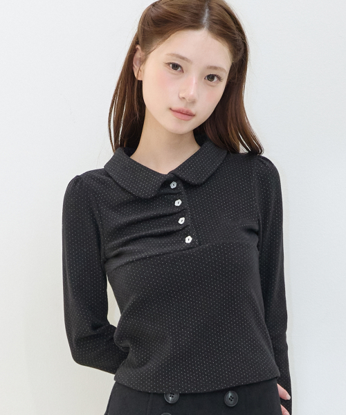 DOT PINTUCK COLLAR LONG SLEEVE BLACK