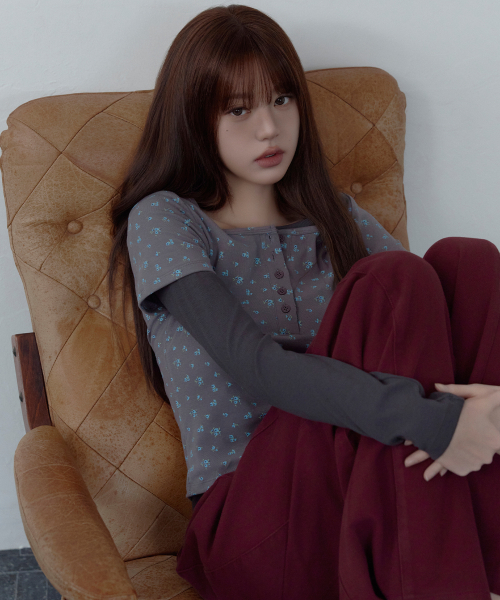 FLOWER LAYERED HENRY NECK LONG SLEEVE GY+CH
