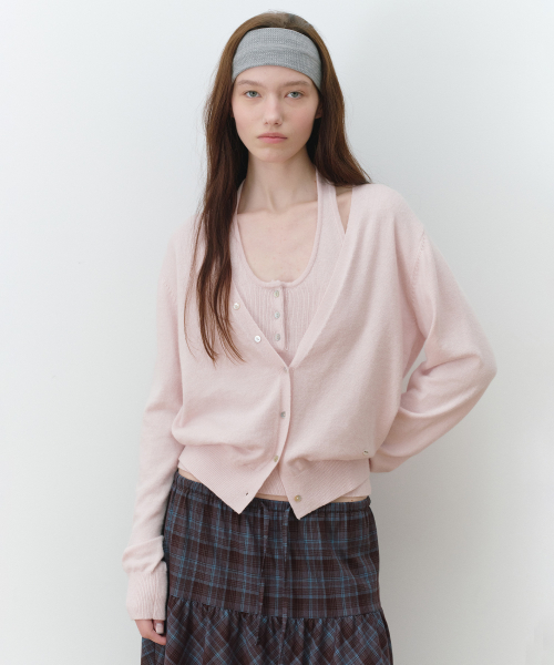 V NECK CARDIGAN SET PINK