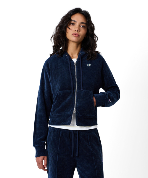 여성 C로고 벨루어 후드 집업 Navy