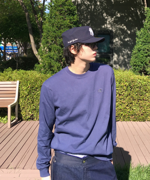 C로고 다잉 오버핏 조그택 롱슬리브 티셔츠 Blue