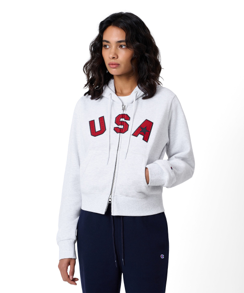여성 USA 로고 크롭 기모 후드 집업 Light Grey