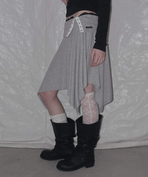 Rozen Folding Lace Flared Midi Skirts_Gray