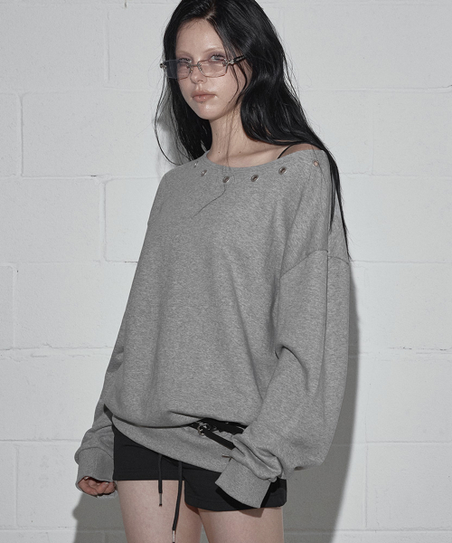 Deuon Eyelet Asymmetric Sweat-Shirt One Piece Gray