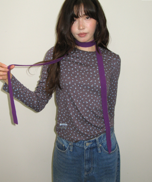 SOFT MINI LABEL LONG SLEEVE CHARCOAL FLOWER