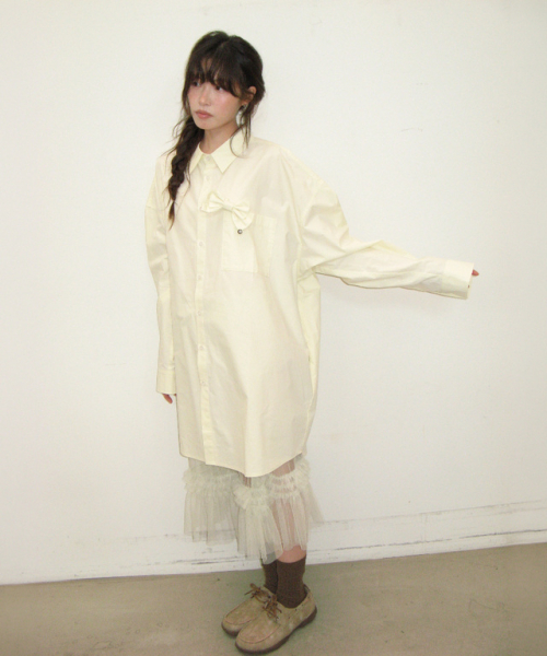 RIBBON PIN SET SHIRT DRESS BUTTER