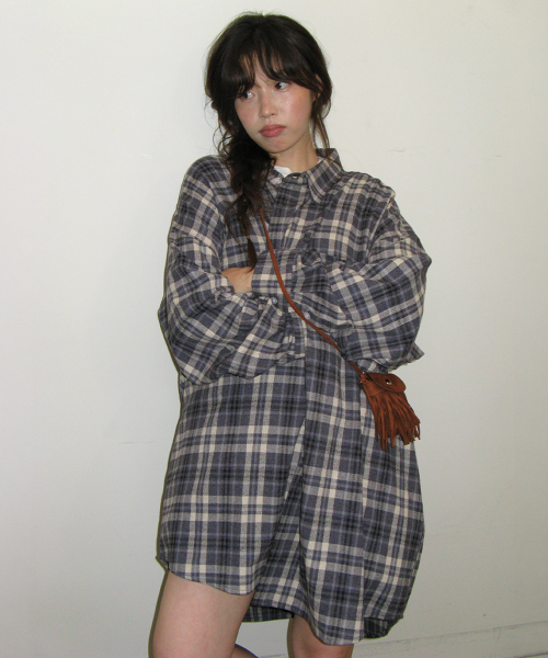 RIBBON PIN SET SHIRT DRESS NAVY CHECK