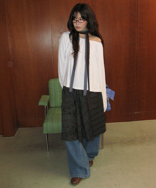 CHECK FLARE BANDING MIDI SKIRT GREEN