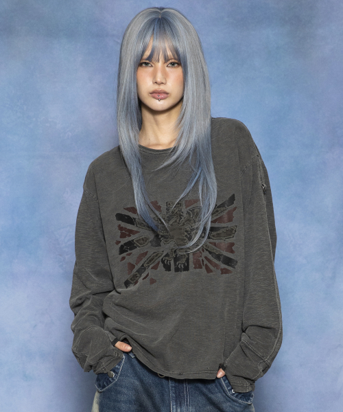 GT190 빈티지 플래그 잭 핑거홀 세미 크롭 워시드 롱슬리브 (CHARCOAL GRAY)