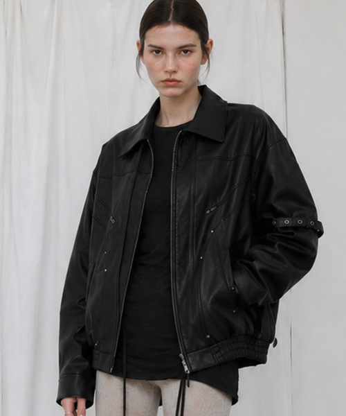 Side eyelet belt point minimal two-way leather single collar work jacket [Black]