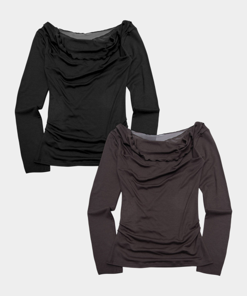 Drape boat neck shirring slim fit simple womens long sleeve t-shirt _2COLOR