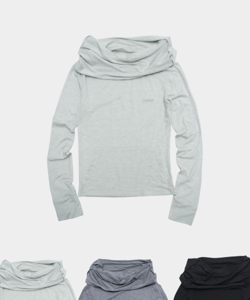Sheer shirring high-neck pocket embroidered point soft layered long-sleeve T-shirt _3COLOR
