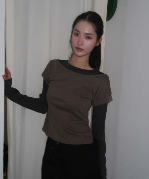 Stitch Double Color Block Layered Slim Fit Cropped Long Sleeve T-Shirt Two-Piece Set _3COLOR