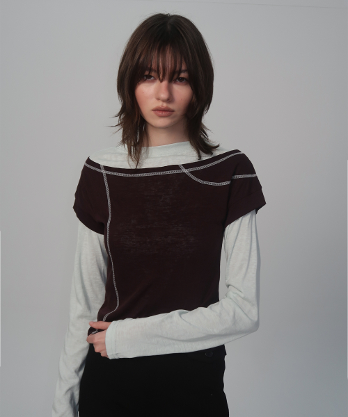 Stitch Double Color Block Layered Slim Fit Cropped Long Sleeve T-Shirt Two-Piece Set _3COLOR