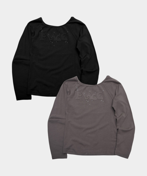 Place Applique Cubic Rivet Point Soft Boat Neck Long Sleeve T-Shirt _2COLOR