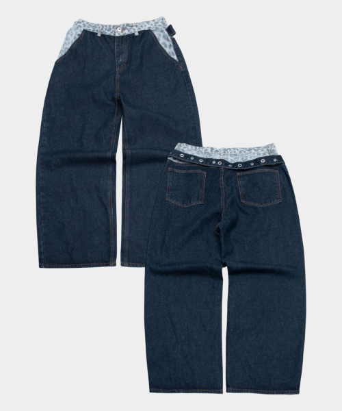 Leopard color-block eyelet strap point four-season wide oversized denim pants [dark blue]