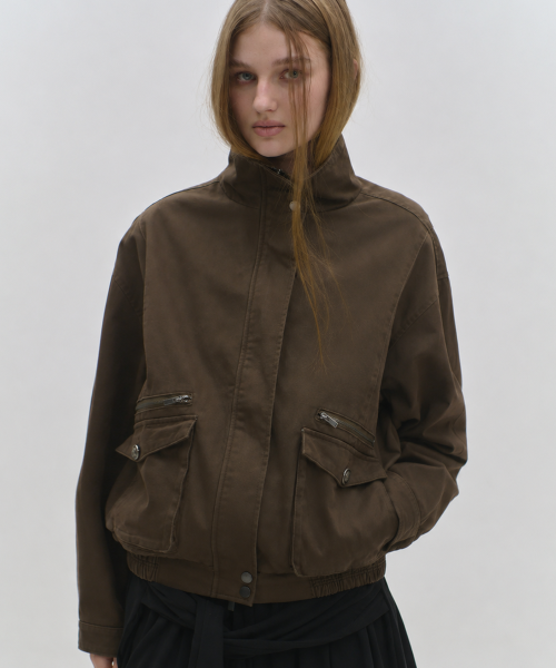 High-neck standard pocket double zipper point button-up cotton oversized blouson jacket _2COLOR