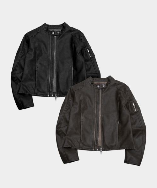 Semi-cropped biker leather zip-up rider jacket with cut line pocket detail - 2 colors
