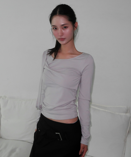 Draped layered detail round neck cotton long sleeve slim fit t-shirt - 3 colors