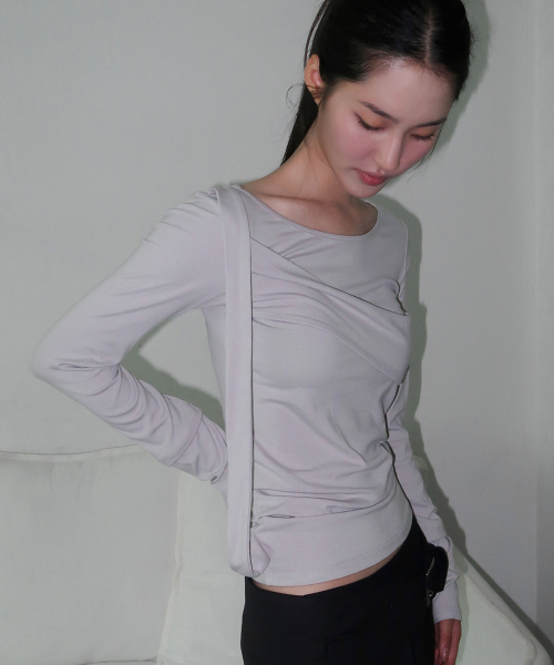 Draped layered detail round neck cotton long sleeve slim fit t-shirt - 3 colors