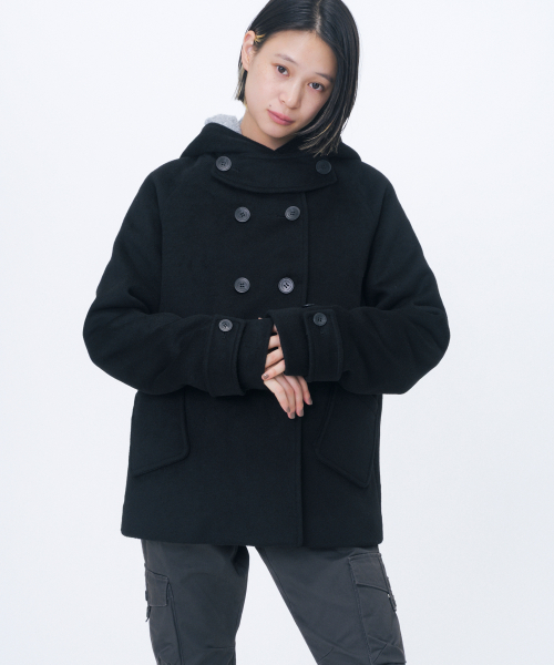 Hoodie double button coat BLACK
