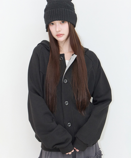 BUTTON COLOR BLOCK HOODIE JACKET BLACK