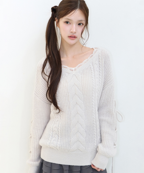 LACE UP V-NECK KNIT GRAY